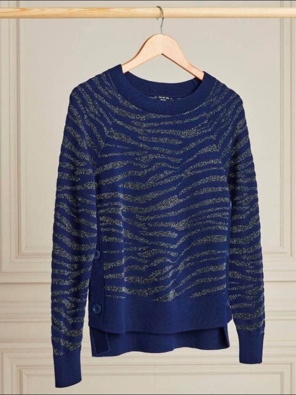 Stella & Dot The Side Button Sweater Navy Metallic Stripe Crewneck NWT 2X